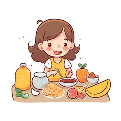 Cute little girl eating healthy food, milk, fruit, meat, vegetable cartoon flat character vector illustration