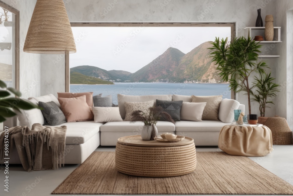 Canvas Prints cozy and spacious living room with natural light pouring in from a large window. Generative AI Generative AI