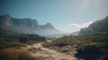 Sandy trail leading to an ocean surrounded by mountains. Generative ai composite.