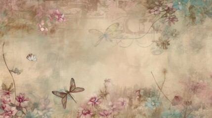 Abstract vintage nature background with flowers, butterflies and dragonflies. Generative ai composite. - obrazy, fototapety, plakaty