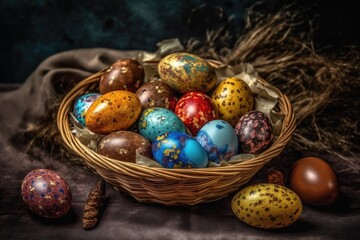 Fototapeta premium colorful Easter basket filled with eggs. Generative AI Generative AI