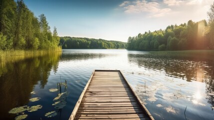 Obraz premium Wooden Jetty Leading to a Calm Lake and Forest on a Sunny Day. Generative ai composite.