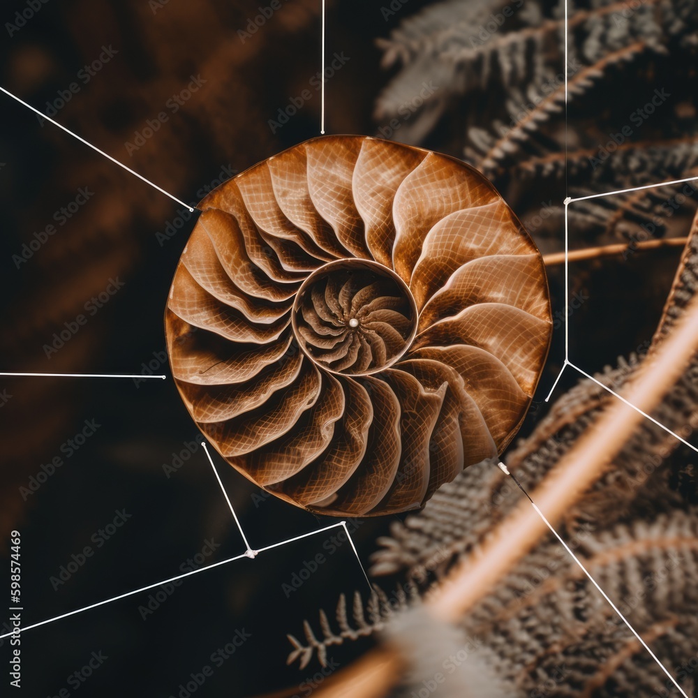 Aufkleber a close up of a spiral shell on a plant. ai generative image.