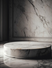 Round smooth marble podium for elegant presentations closeup. Empty space on natural rock stone for mockup template. Generative AI