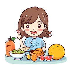 Cute little girl eating healthy food, milk, fruit, meat, vegetable cartoon flat character vector illustration