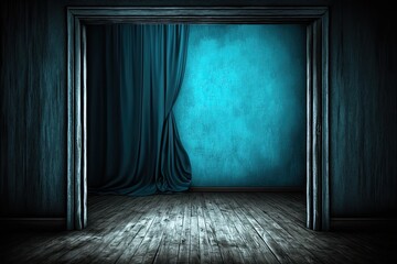 an empty room with a blue curtain and wooden flooring. Generative AI Generative AI