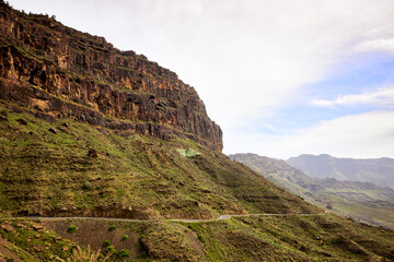 Nature and landscape with volcanic formation mountains in Gran Canaria island. View from the panoramic road, on the mountain ranges of the island of Gran Canaria.