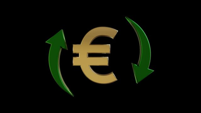 Euro symbol and rotating green arrows, on black background. Currency value, exchange and economy concept.