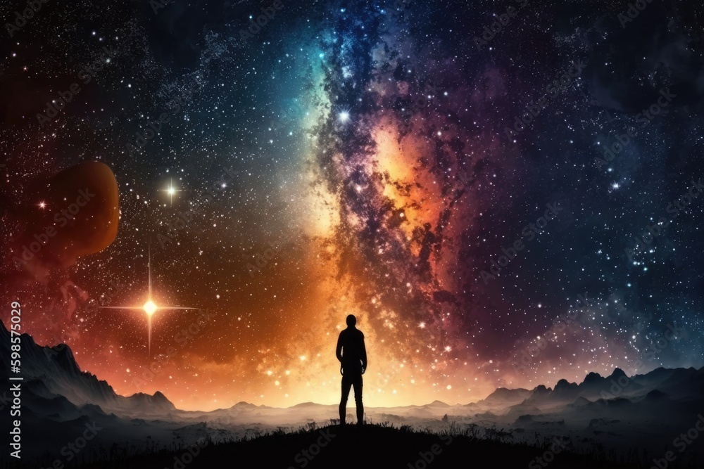 Poster man standing on a hill under a starry night sky. generative ai generative ai