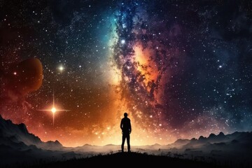 Fototapeta na wymiar man standing on a hill under a starry night sky. Generative AI Generative AI