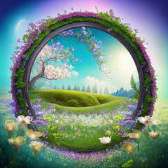 Magical meadow with spring flowering trees. Round frame with copy space