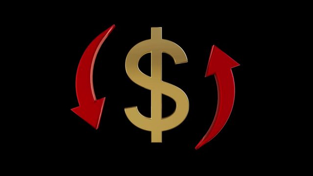Dollar symbol and rotating red arrows, on black background. Currency value, exchange and economy concept.