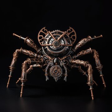  An intricately detailed, steampunk - style mechanical spider with metallic bronze and copper tones on a black background, emphasizing its complex design and eerie presence. generative ai