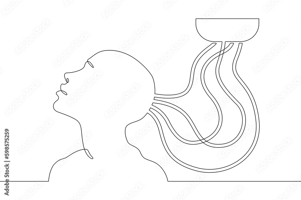 Poster one continuous line. woman's head connected by wires. neuroimplants. brain implant. neurointerface. 