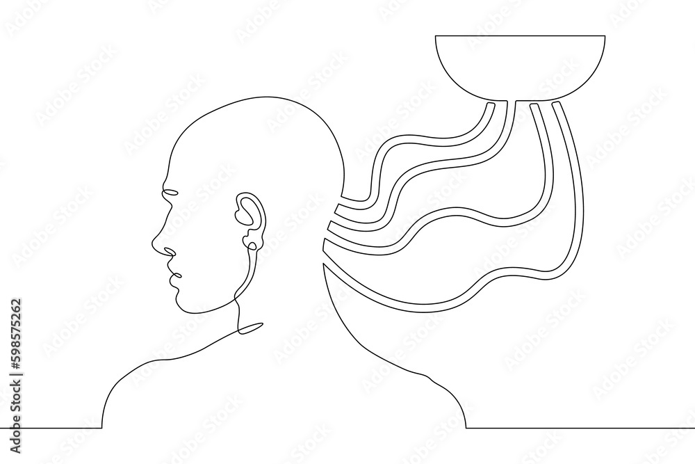 Poster one continuous line. a man's head is connected by wires. neuroimplants. brain implant. neurointerfac