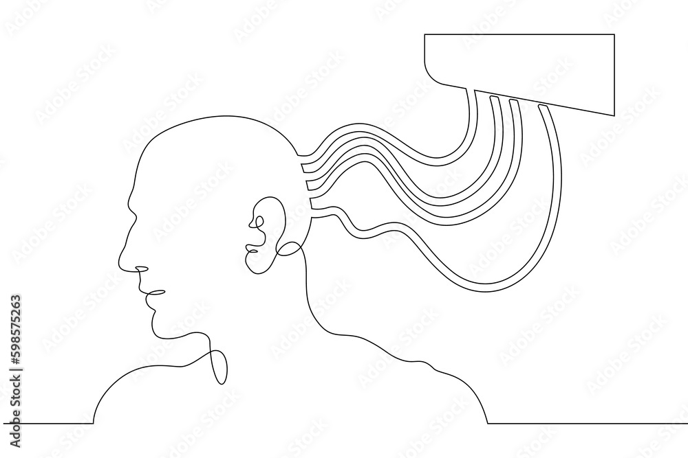 Poster one continuous line. a man's head is connected by wires. neuroimplants. brain implant. neurointerfac