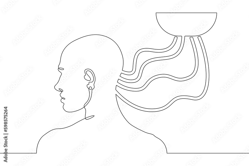 Poster one continuous line. a man's head is connected by wires. neuroimplants. brain implant. neurointerfac