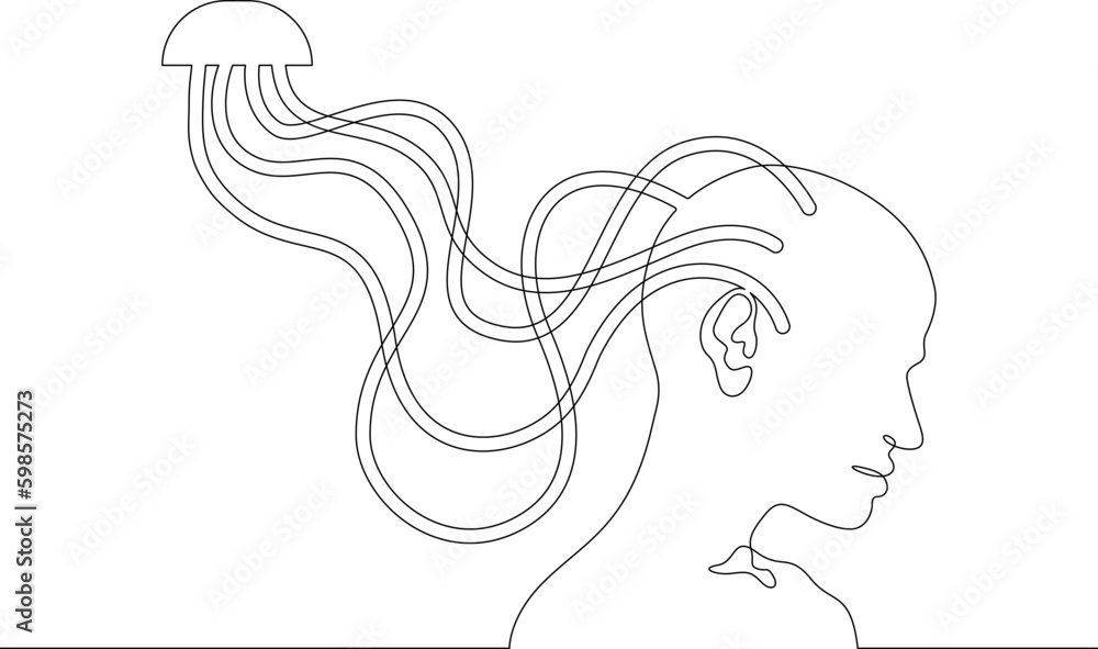 Poster one continuous line. woman's head connected by wires. neuroimplants. brain implant. neurointerface. 