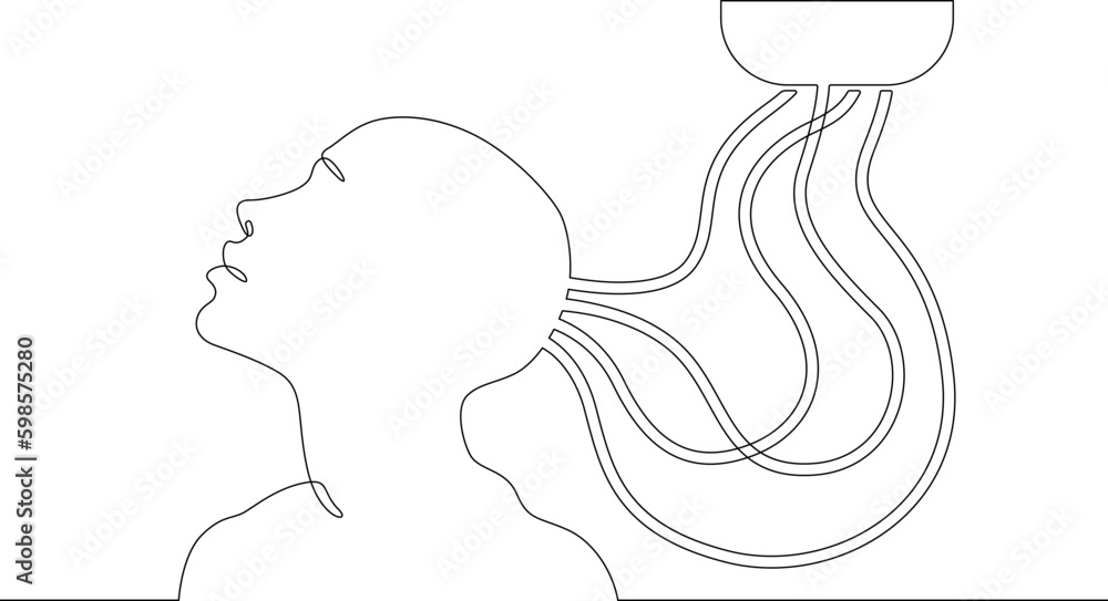Poster one continuous line. woman's head connected by wires. neuroimplants. brain implant. neurointerface. 