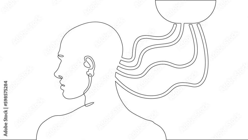 Poster one continuous line. a man's head is connected by wires. neuroimplants. brain implant. neurointerfac