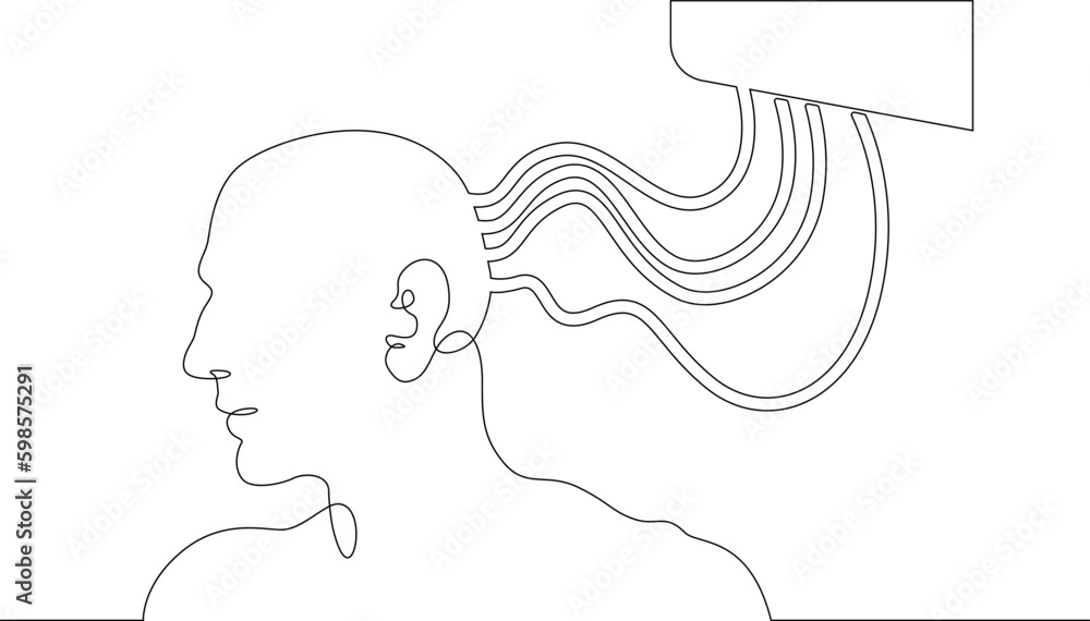 Poster one continuous line. a man's head is connected by wires. neuroimplants. brain implant. neurointerfac