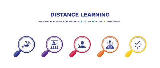 set of distance learning filled icons. distance learning filled icons with infographic template. flat icons such as scholarship, lesson, raise hand, distance teacher, trigonometry vector.