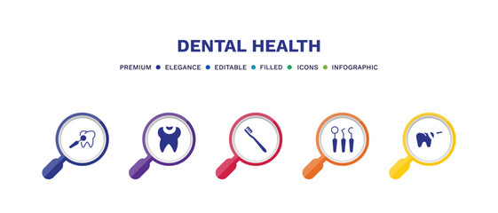 set of dental health filled icons. dental health filled icons with infographic template. flat icons such as dental care, filling, toothbrushes, dentist tools, filler vector.