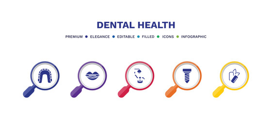 set of dental health filled icons. dental health filled icons with infographic template. flat icons such as maxilla, oral, dental chair, implant fixture, mint gum vector.