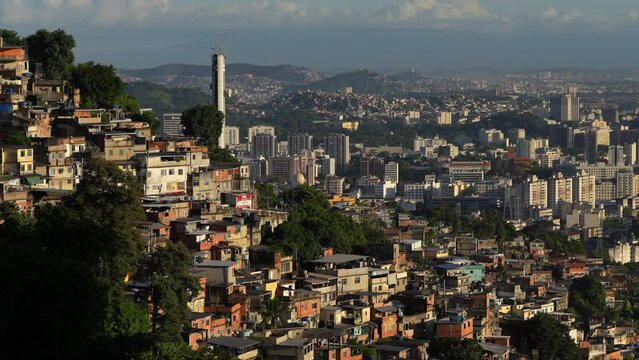 Rio de Janeiro 4k video wide angle with the landscape of houses in a favela region. Favelas of Rio de Janeiro, Brazil.