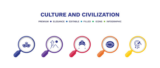 set of culture and civilization filled icons. culture and civilization filled icons with infographic template. flat icons such as brazil carnival mask, rio de janeiro, kokoshnik, cantonese fish,