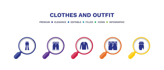 set of clothes and outfit filled icons. clothes and outfit filled icons with infographic template. flat icons such as flare pants, chino shorts, nylon jacket, denim shorts, peplum skirt vector.