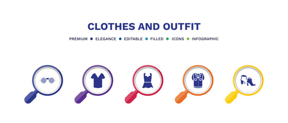 set of clothes and outfit filled icons. clothes and outfit filled icons with infographic template. flat icons such as shutter sunglasses, v neck shirt, peplum top, denim shirt, ankle boots vector.