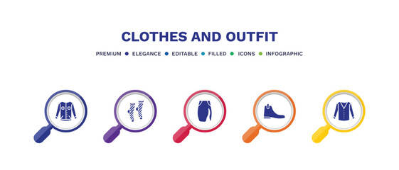 set of clothes and outfit filled icons. clothes and outfit filled icons with infographic template. flat icons such as denim jacket, men socks, slit skirt, leather chelsea boots, cotton cardigan