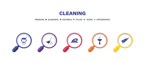 set of cleaning filled icons. cleaning filled icons with infographic template. flat icons such as wiping tray tool, broom cleanin, iron cleanin, sink cleanin, toothpaste vector.