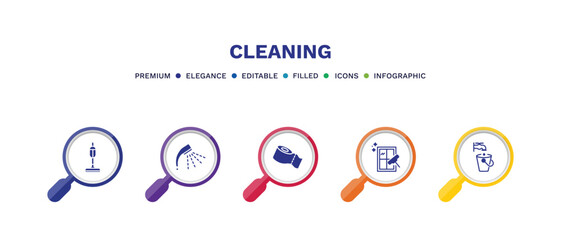 set of cleaning filled icons. cleaning filled icons with infographic template. flat icons such as vacuum, shower, toilet paper cleanin, clean window, faucet cleanin vector.