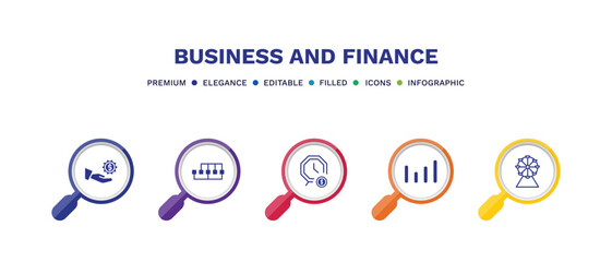 set of business and finance filled icons. business and finance filled icons with infographic template. flat icons such as hand with money gear, points connected chart, dollar on business time, bars