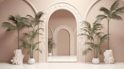 Fototapeta na wymiar beautiful indoor space. Mirror, arch gallery. Creative concept for store, fashion boutique. Decoration with exotic plants palms. generative ai