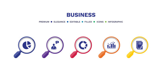 set of business filled icons. business filled icons with infographic template. flat icons such as circular pie chart, man talking, pie chart statistics, statistical chart, vector.