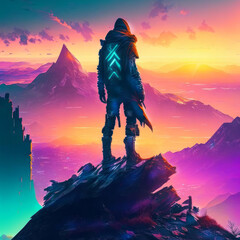 The traveler stands on the top of the mountain and looks at the sunrise.