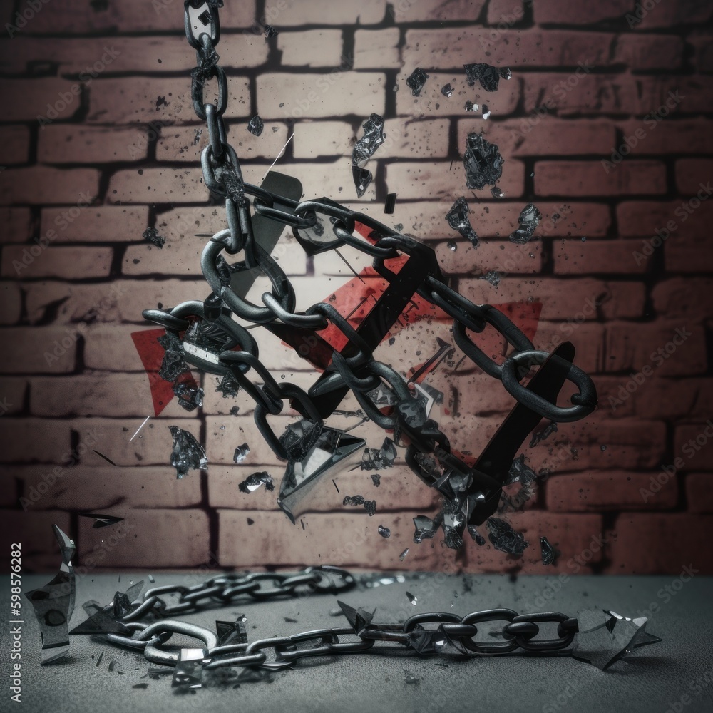 Poster a broken chain with a broken red arrow on it. ai generative image.