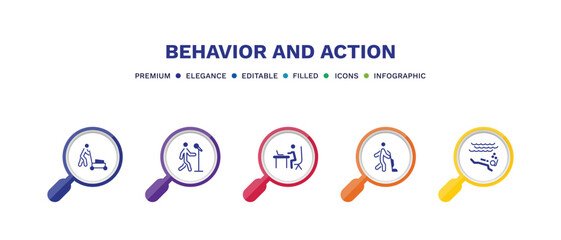 set of behavior and action filled icons. behavior and action filled icons with infographic template. flat icons such as cutting lawn, singer with microphone, man working at desk, man vacuum, man