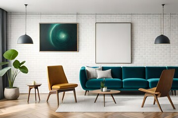 Blank wooden picture frame mockup on wall in modern interior. Horizontal artwork template mock up for artwork, painting, in interior design