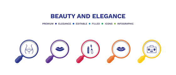 set of beauty and elegance filled icons. beauty and elegance filled icons with infographic template. flat icons such as women waist, lips, mascara, woman lips, big makeup box vector.