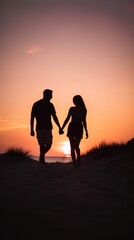 Fototapeta na wymiar A man and a woman walking on a beach at sunset. AI generative image.