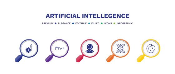 set of artificial intellegence filled icons. artificial intellegence filled icons with infographic template. flat icons such as efficiency, motion, geolocation, eye tap, rotation vector.