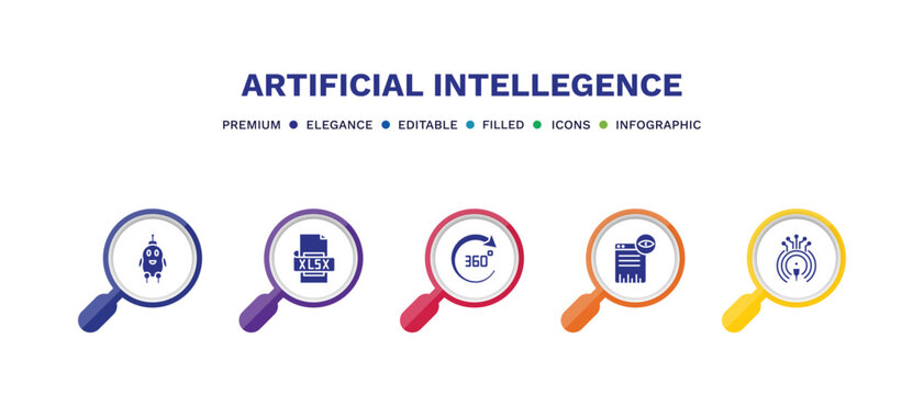 set of artificial intellegence filled icons. artificial intellegence filled icons with infographic template. flat icons such as robot, xlsx, 360 degree, page views, telepresence vector.