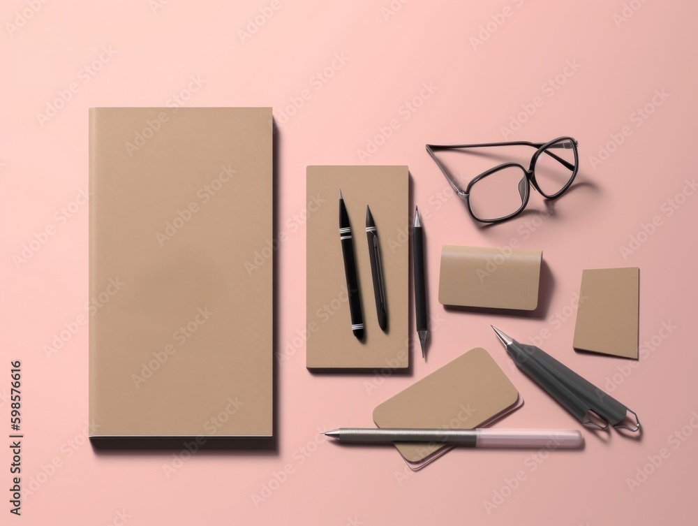 Poster a set of stationery items on a pink surface. ai generative image.