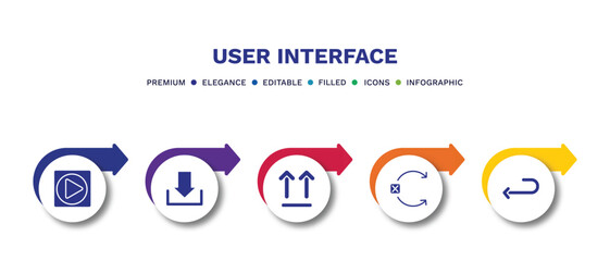 set of user interface filled icons. user interface filled icons with infographic template.flat icons such as play video button, big download arrow, up side, no tittling, return left arrow vector.