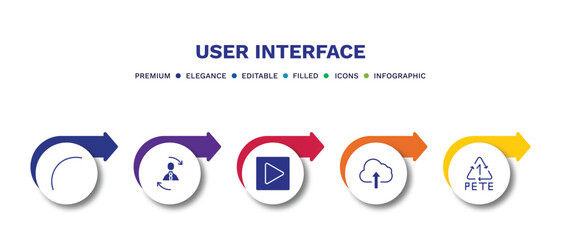 set of user interface filled icons. user interface filled icons with infographic template.flat icons such as curve line, repaying, right arrow play button, cloud upload, 1 pete vector.