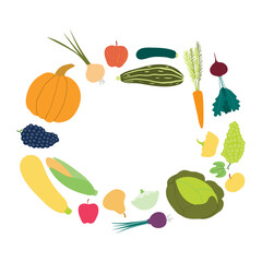 Vegetables, fruits hand drawn illustration, frame with copy space. Cartoon style flat design, isolated vector. Summer, autumn harvest, farmer market print element, gardening, healthy, vegetarian food